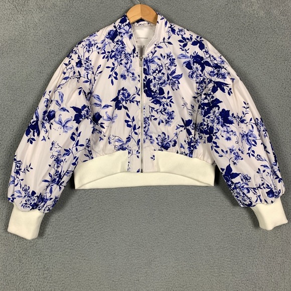 Anthropologie Jackets & Blazers - Anthropologie Bomber Jacket Women's Medium M Blue/White Cropped Floral Insulated